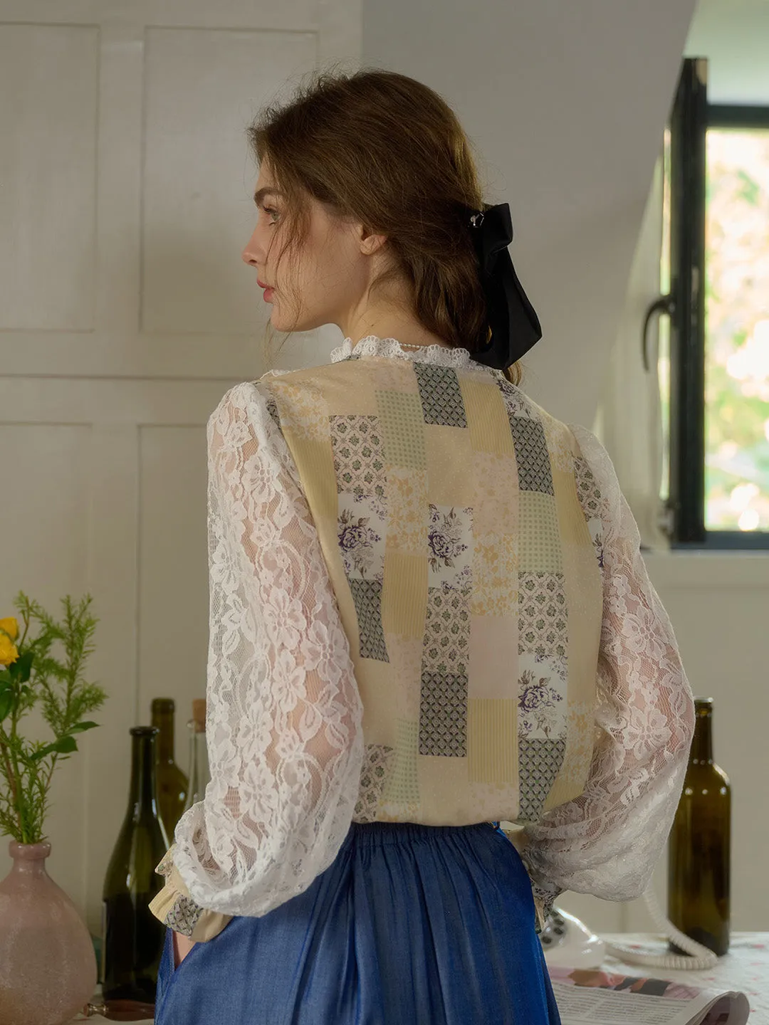 Vivienne Lace Collar Patchwork Blouse - Yellow
