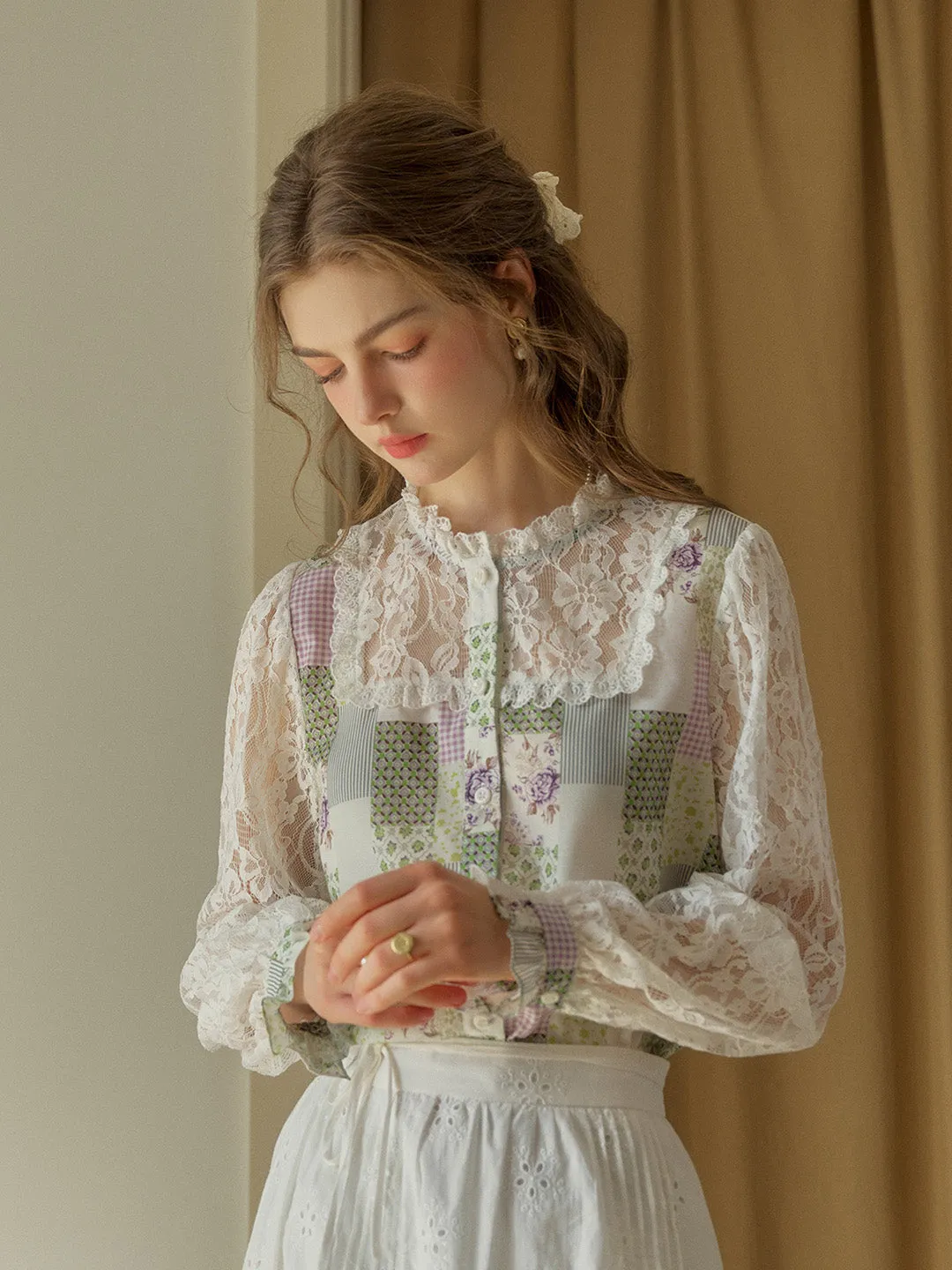 Vivienne Lace Collar Patchwork Blouse - Yellow
