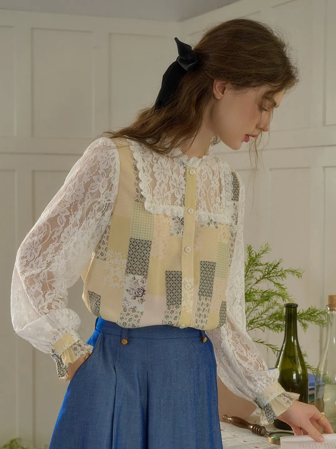 Vivienne Lace Collar Patchwork Blouse - Yellow