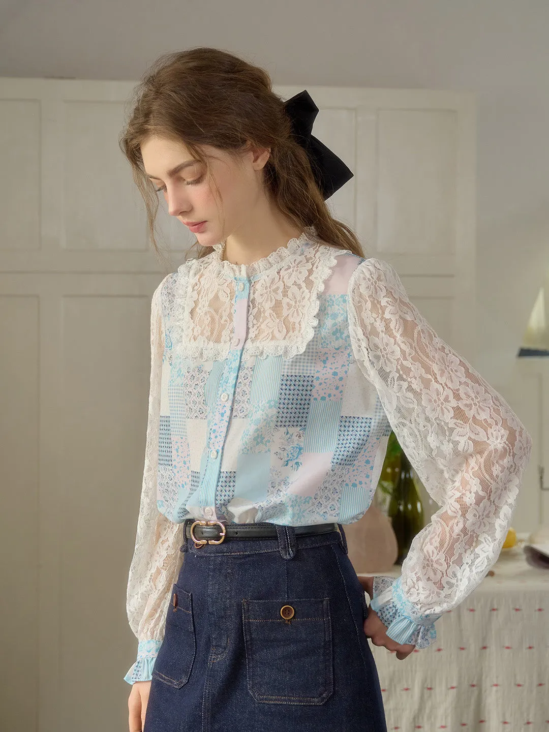 Vivienne Lace Collar Patchwork Blouse - Yellow