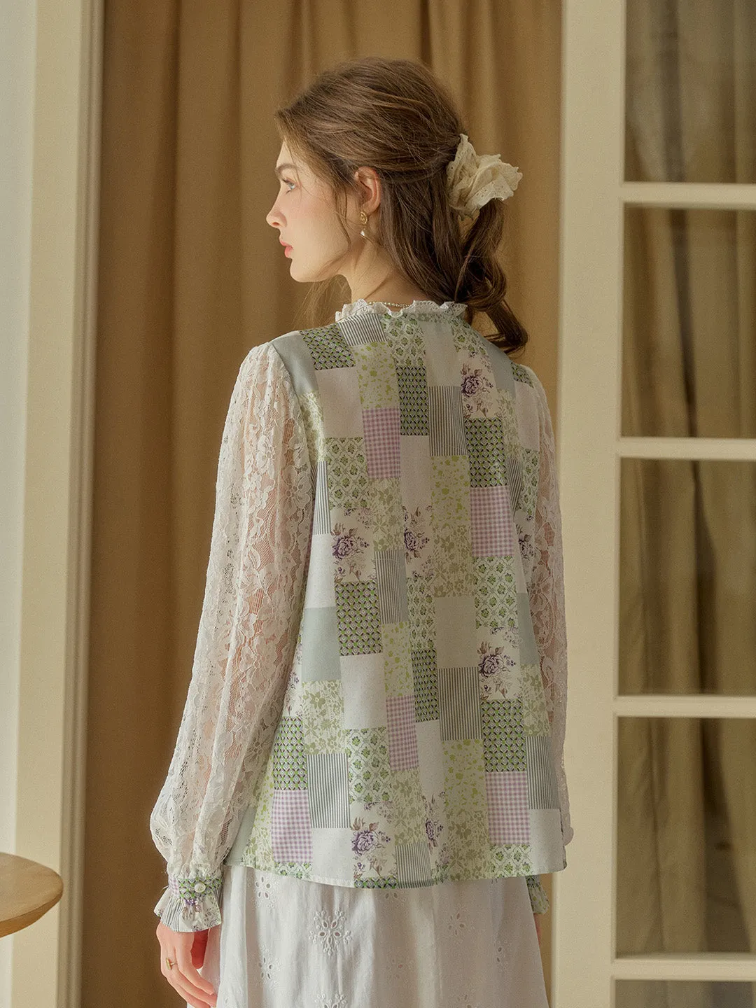 Vivienne Lace Collar Patchwork Blouse - Yellow