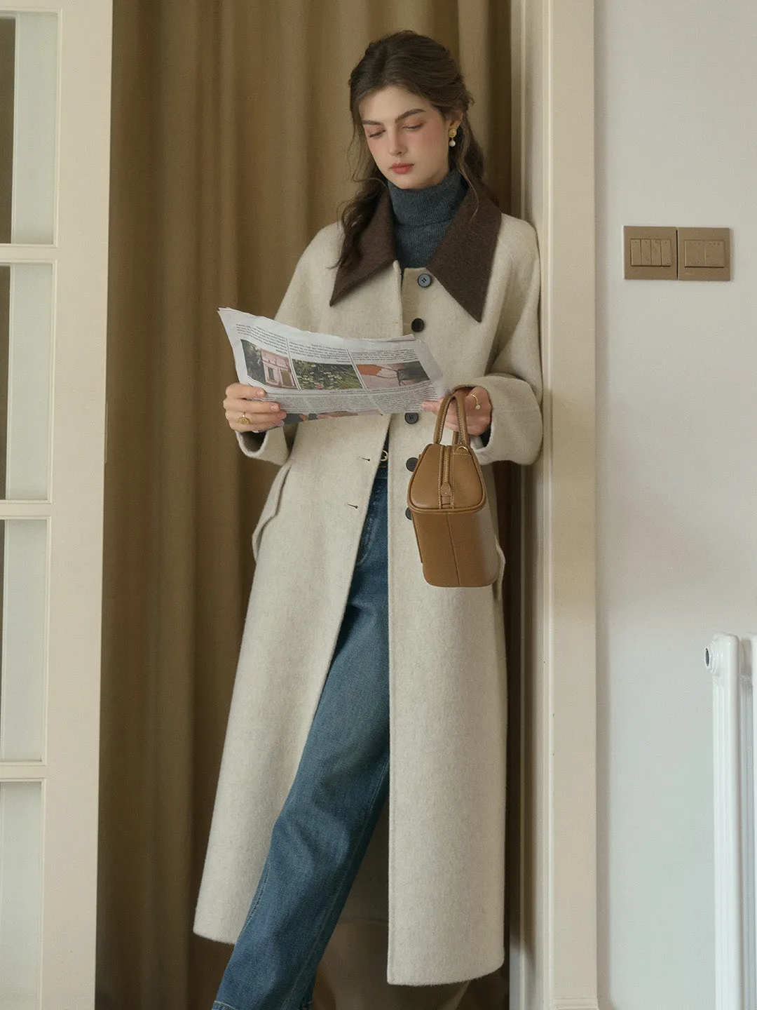 Waverly Retro Peak Collar Long Pocket Double-Faced Wool Cashmere Coat - Brown
