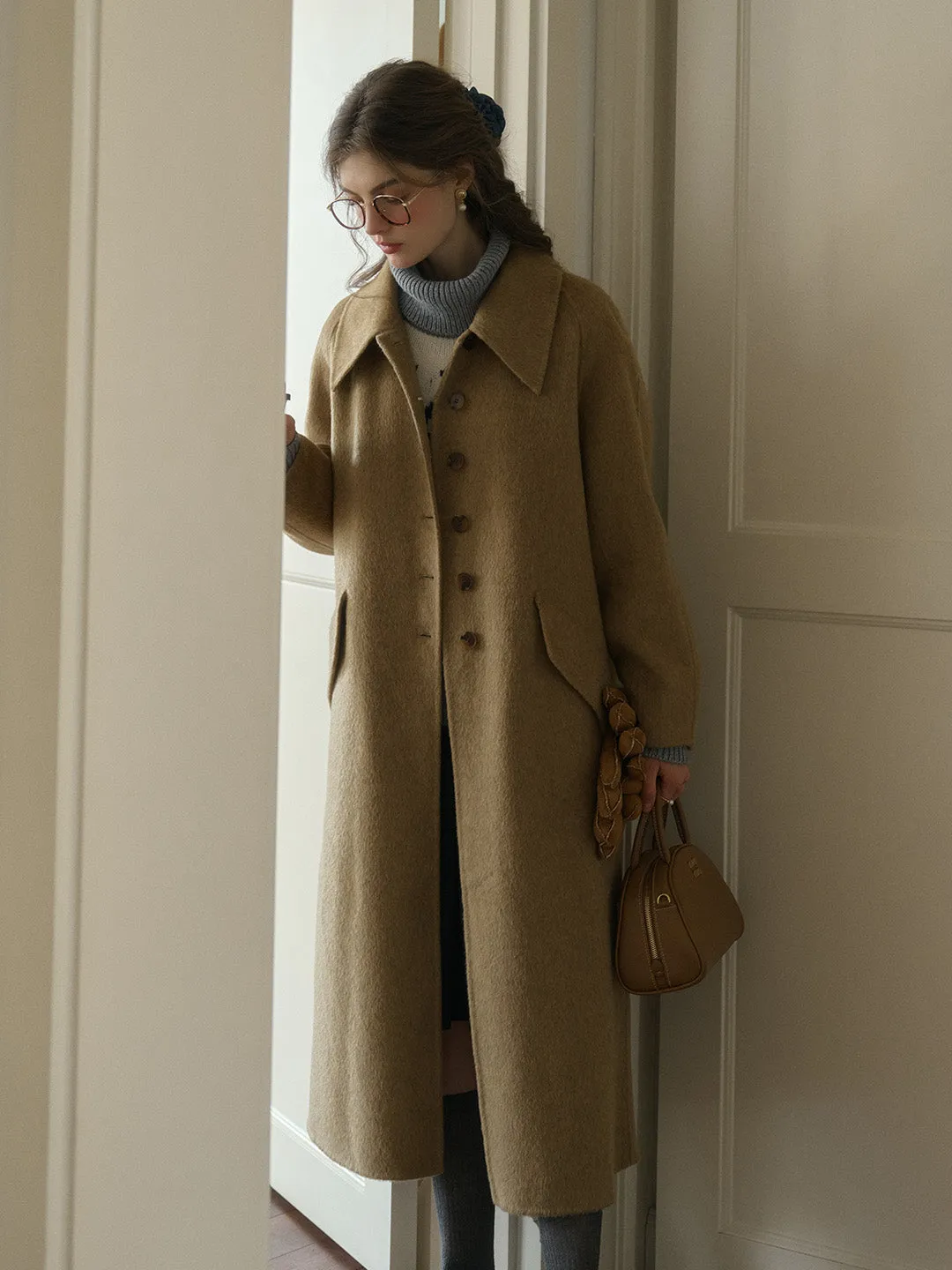 Waverly Retro Peak Collar Long Pocket Double-Faced Wool Cashmere Coat - Brown