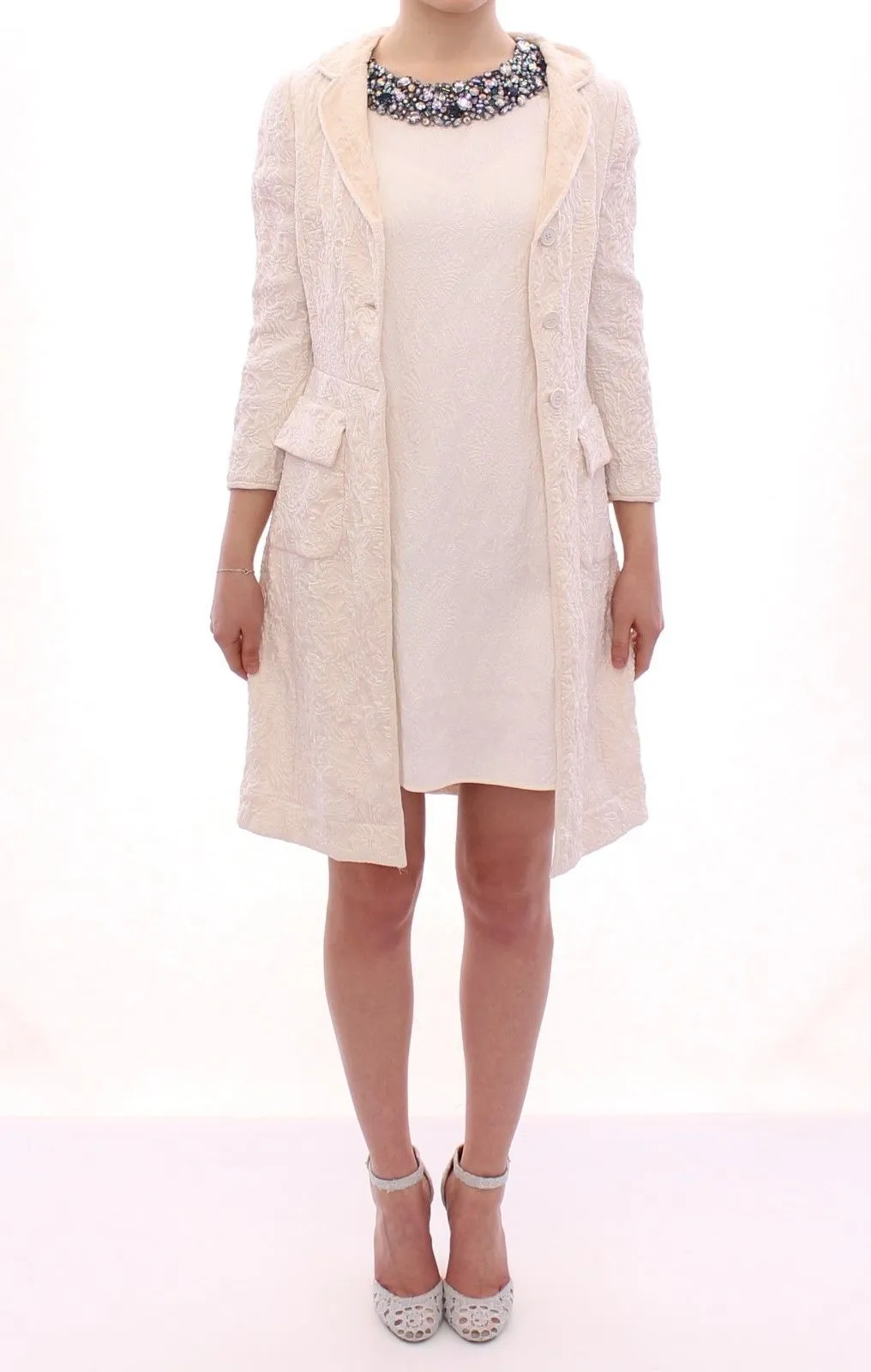 White Brocade Jaquard Long Jacket Coat Blazer