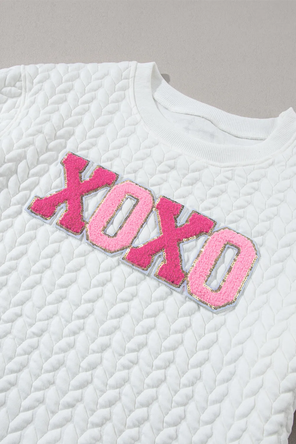 White XOXO Glitter Chenille Cable Knit Pullover Sweater