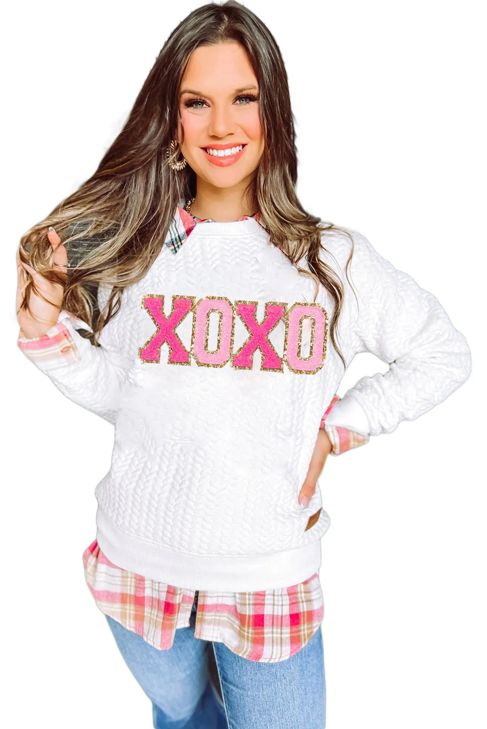 White XOXO Glitter Chenille Cable Knit Pullover Sweater