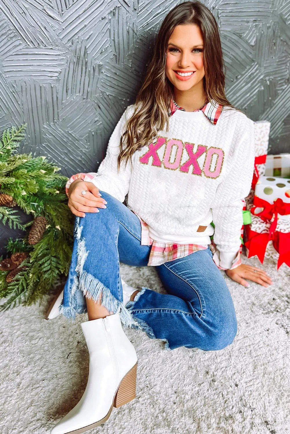 White XOXO Glitter Chenille Cable Knit Pullover Sweater