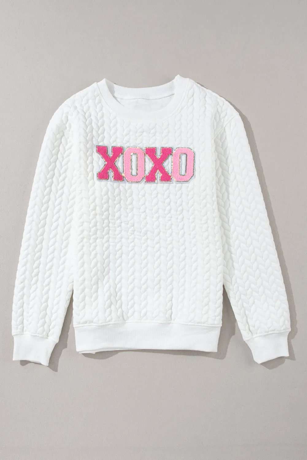 White XOXO Glitter Chenille Cable Knit Pullover Sweater