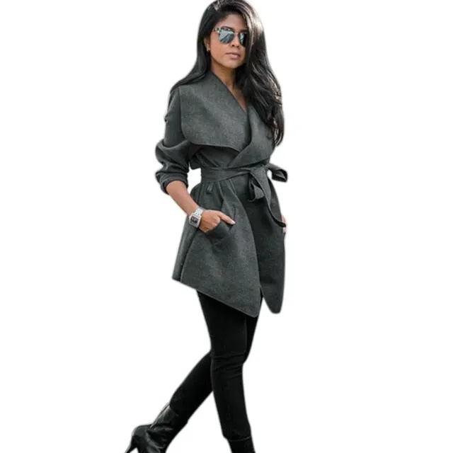 Winter Coats Women Autumn Woolen Blend Fashion Lapel Jackets Sexy V Neck Belt Lace-up Solid Casual Slim Overcoats Female Outer