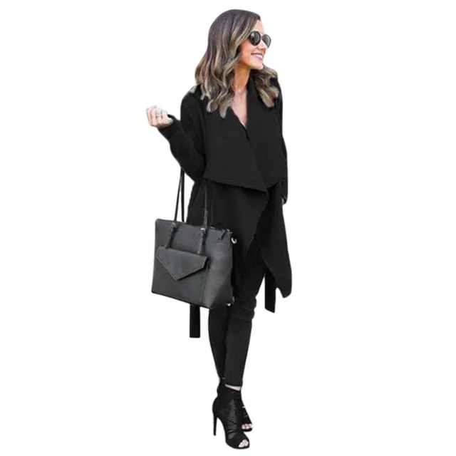 Winter Coats Women Autumn Woolen Blend Fashion Lapel Jackets Sexy V Neck Belt Lace-up Solid Casual Slim Overcoats Female Outer