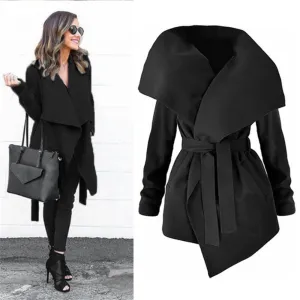 Winter Coats Women Autumn Woolen Blend Fashion Lapel Jackets Sexy V Neck Belt Lace-up Solid Casual Slim Overcoats Female Outer