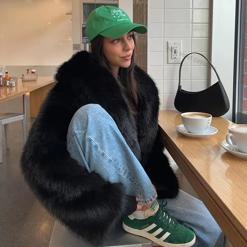 Winter Fox Fur Shawl Coat Faux  Chic Black Cool Fur Collar Street Vintage Final call Fashion Excellent reviews Women Girls Short Jacket Overcoat