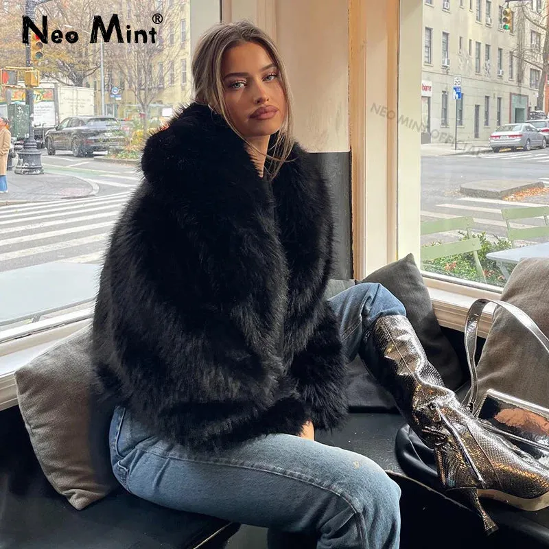 Winter Fox Fur Shawl Coat Faux  Chic Black Cool Fur Collar Street Vintage Final call Fashion Excellent reviews Women Girls Short Jacket Overcoat