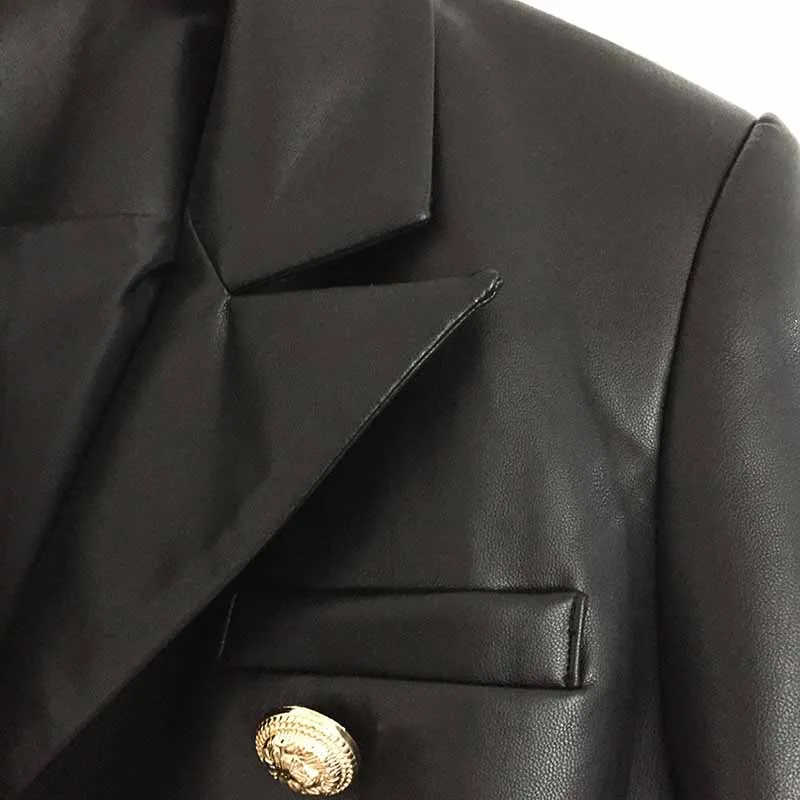 Women Double Breasted Short PU Leather Jacket Slim Fitted Blazer