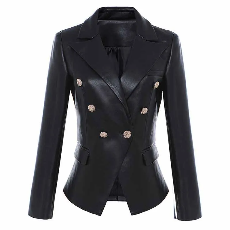 Women Double Breasted Short PU Leather Jacket Slim Fitted Blazer
