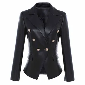 Women Double Breasted Short PU Leather Jacket Slim Fitted Blazer