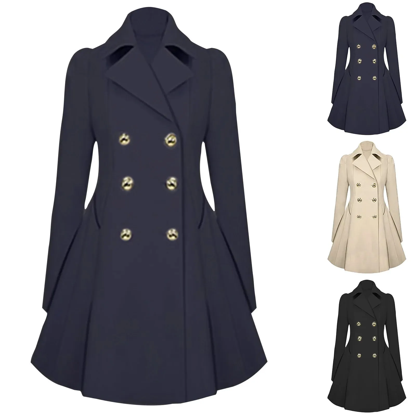women vintage casual jackets solid color turn down neck long sleeve  overcoats autumn and winter temperament commute jackets