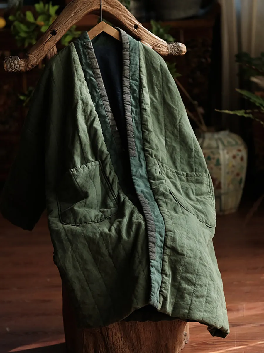 Women Winter Vintage Colorblock Pocket Cotton Long Coat