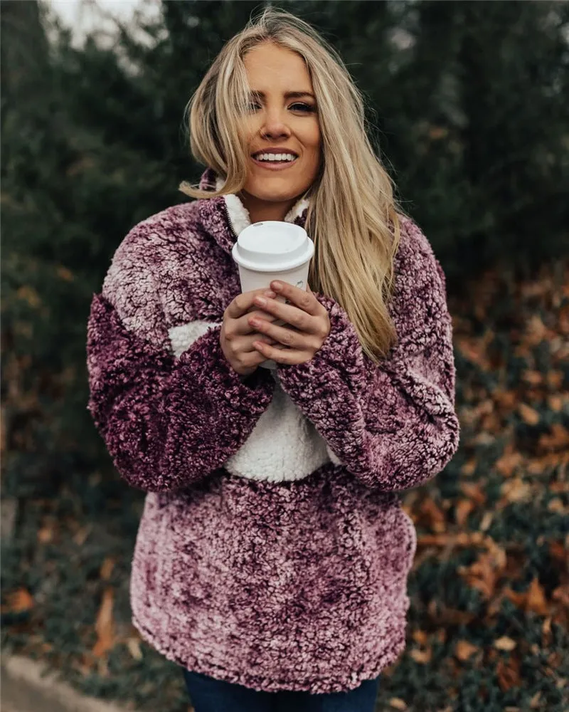 Women Zipper Splicing Plush Coat