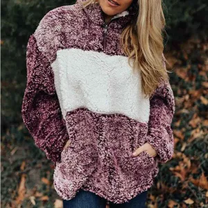 Women Zipper Splicing Plush Coat
