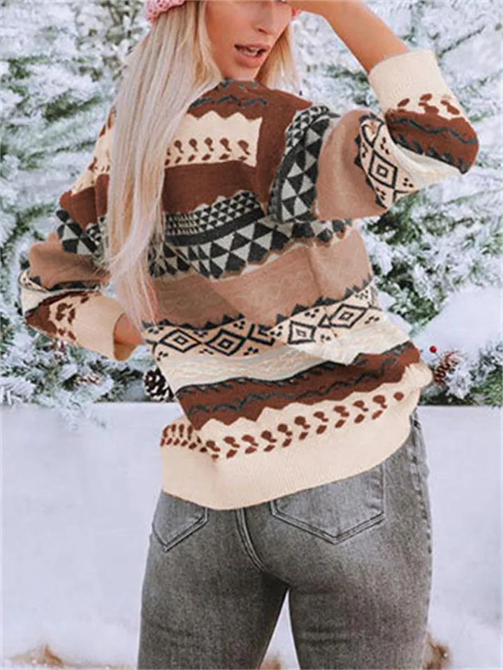 Women's Diamond Printed Splice Vintage Round Neck Sweater