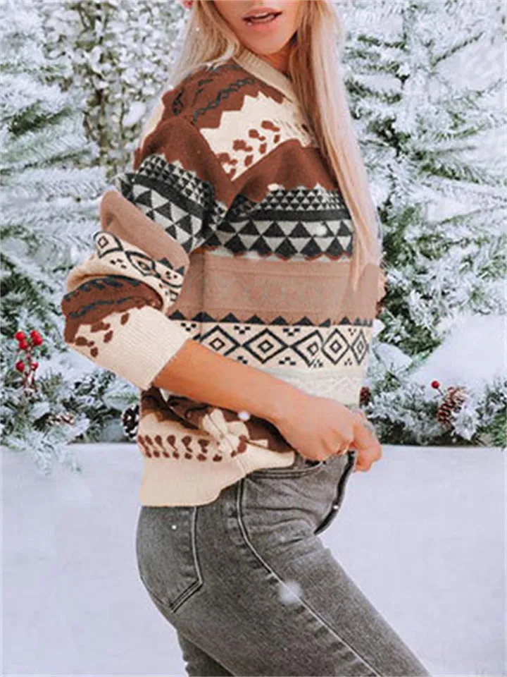 Women's Diamond Printed Splice Vintage Round Neck Sweater