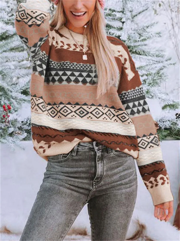 Women's Diamond Printed Splice Vintage Round Neck Sweater