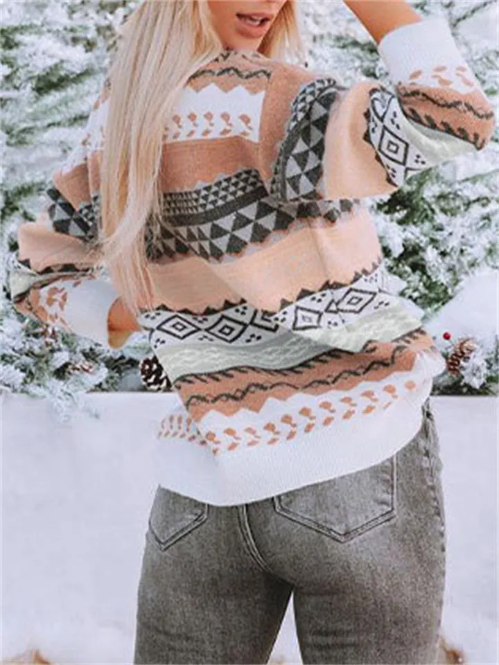 Women's Diamond Printed Splice Vintage Round Neck Sweater