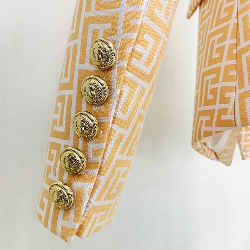 Women's Fashion Blazer Labyrinth Pattern Jacket Coats with Gold Buttons