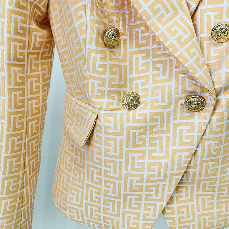 Women's Fashion Blazer Labyrinth Pattern Jacket Coats with Gold Buttons