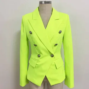Women's Fitted Silver Lion Buttons Fitted Jacket Blazer Neon Yellow