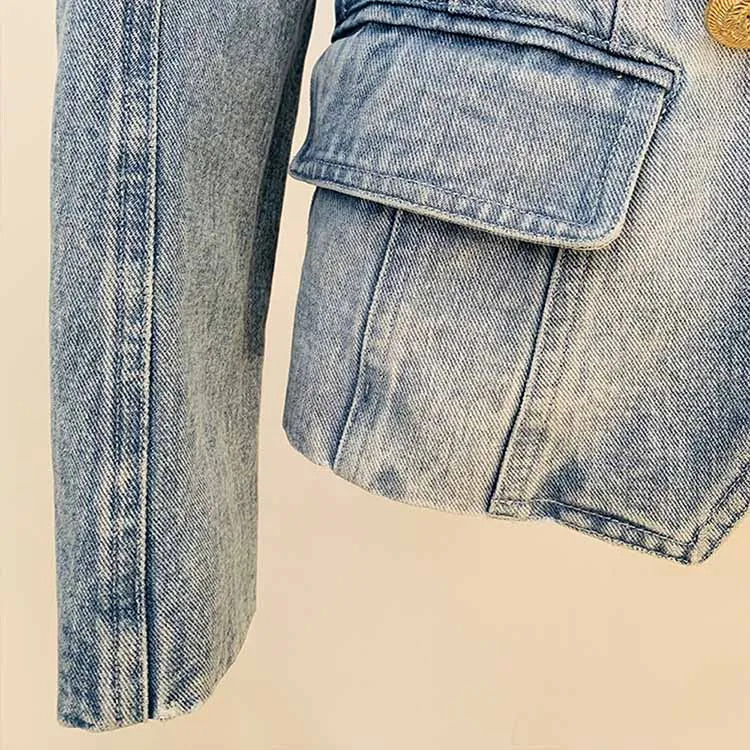 Women's Golden Lion Buttons Fitted Denim Blazer Jacket Blue