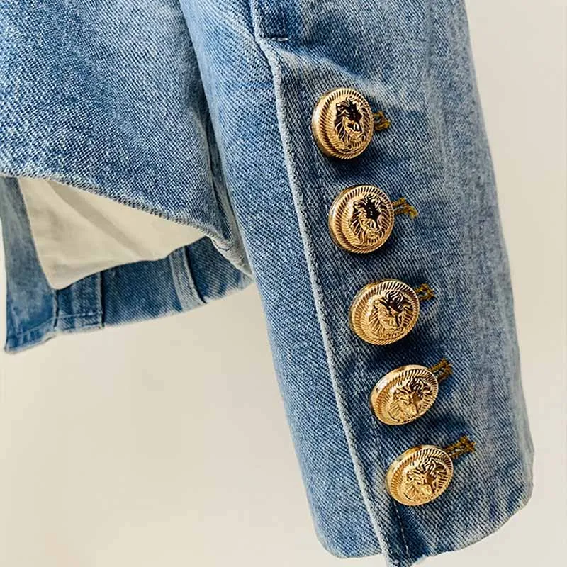 Women's Golden Lion Buttons Fitted Denim Blazer Jacket Blue