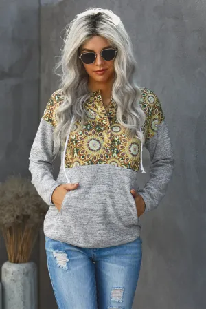 Women's Gray Tribal Print Vintage Drawstring Hoodie