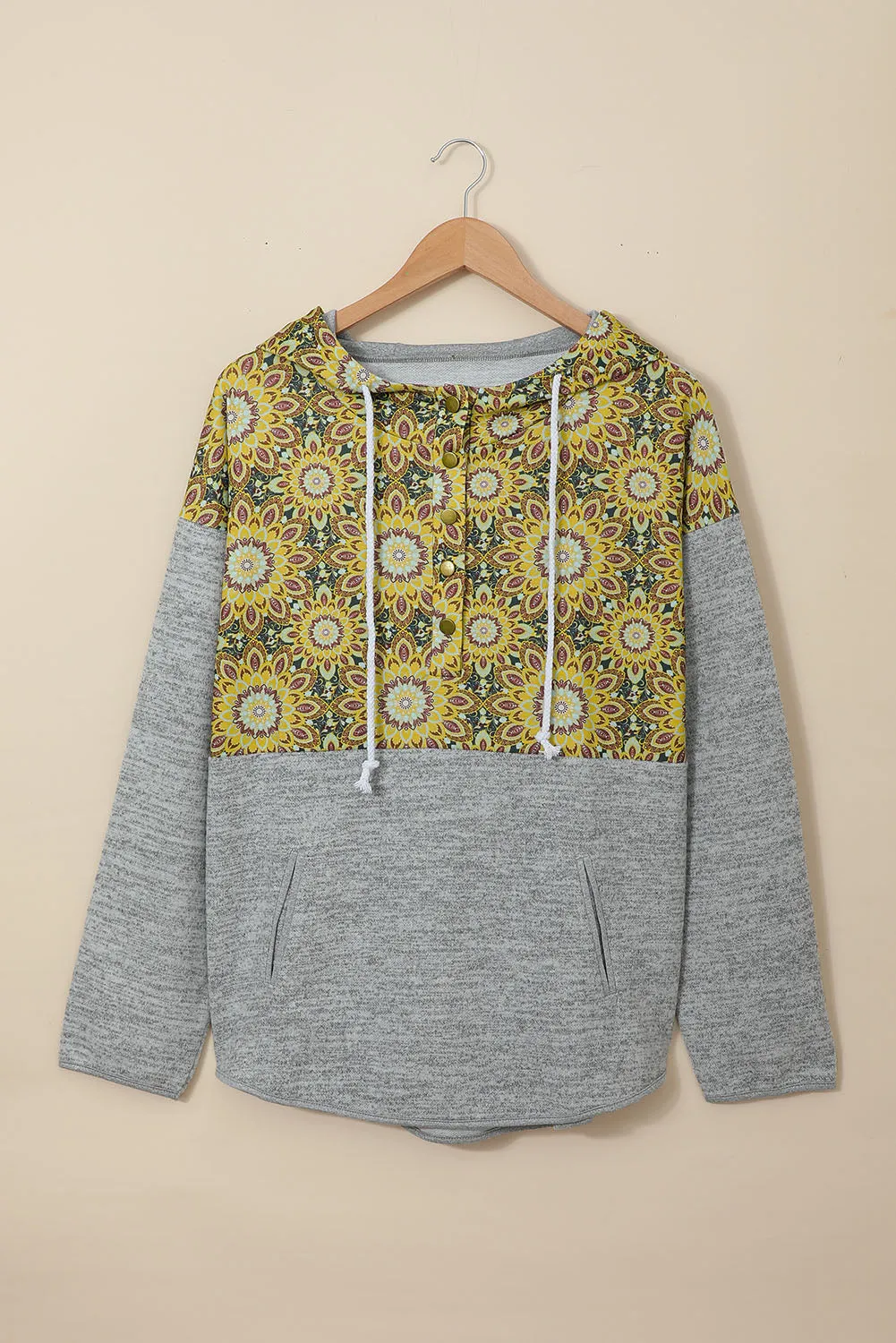 Women's Gray Tribal Print Vintage Drawstring Hoodie
