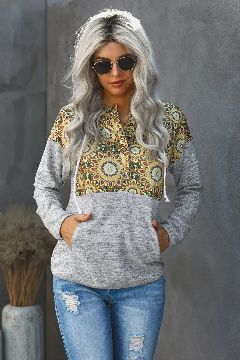 Women's Gray Tribal Print Vintage Drawstring Hoodie
