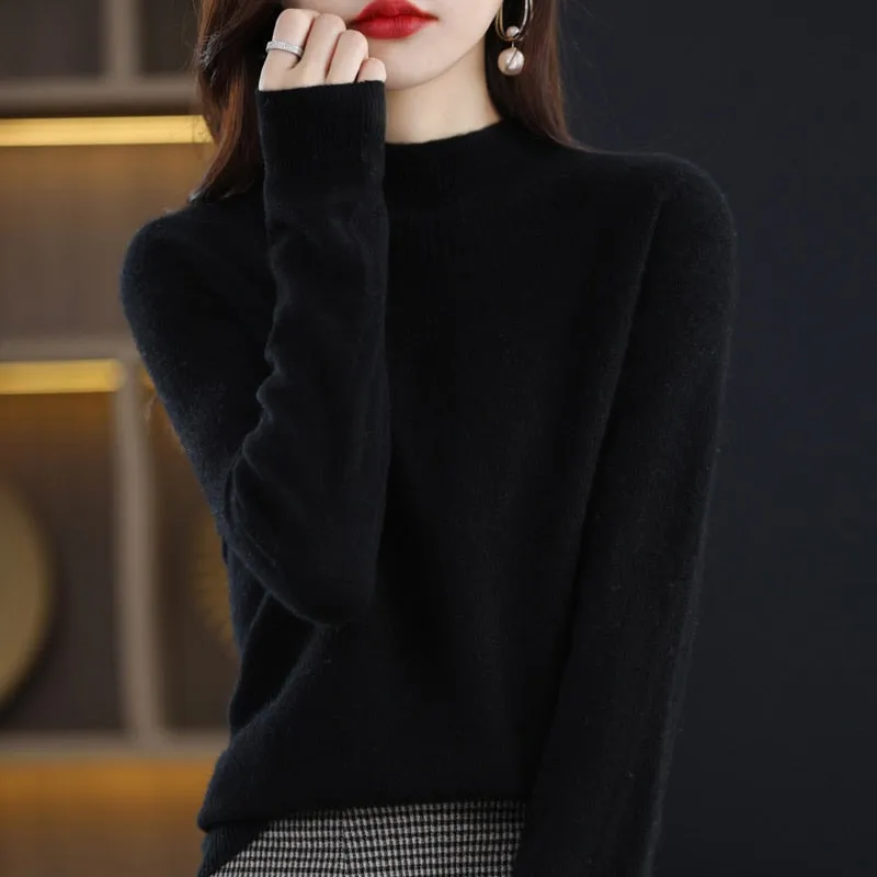 Women's Knitted O-Neck Cashmere Sweater 100% Pure Wool Pullover