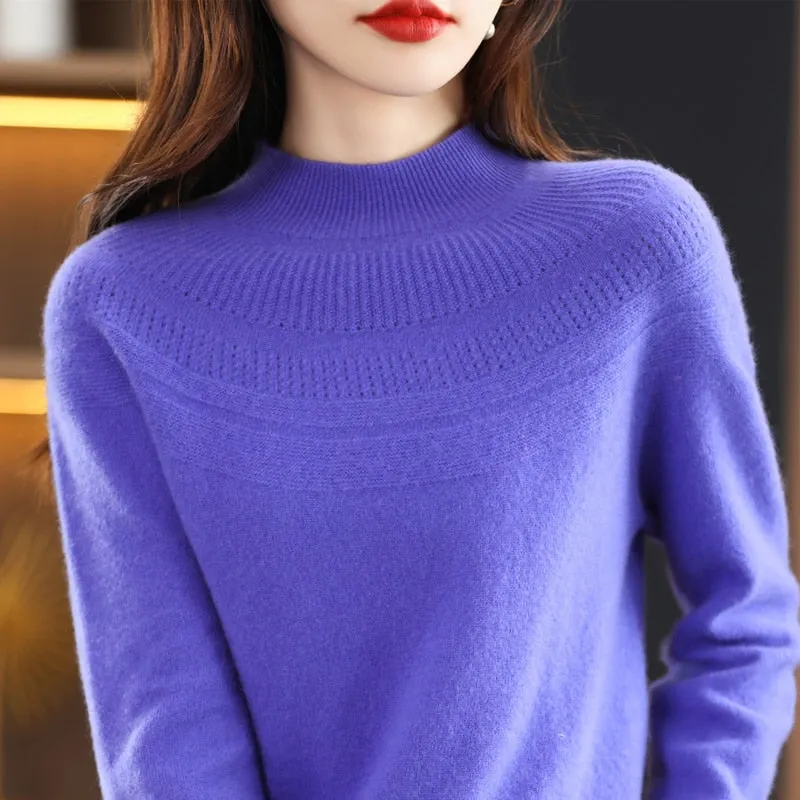 Women's Knitted O-Neck Cashmere Sweater 100% Pure Wool Pullover
