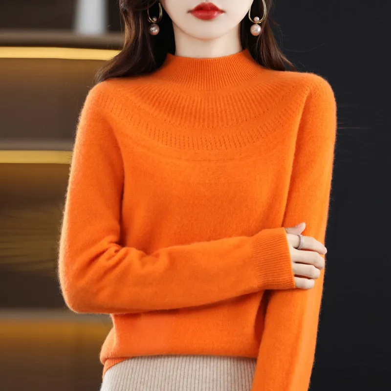 Women's Knitted O-Neck Cashmere Sweater 100% Pure Wool Pullover