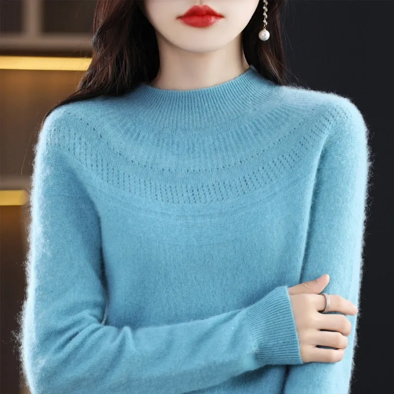 Women's Knitted O-Neck Cashmere Sweater 100% Pure Wool Pullover