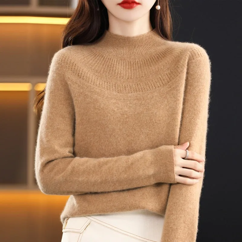 Women's Knitted O-Neck Cashmere Sweater 100% Pure Wool Pullover