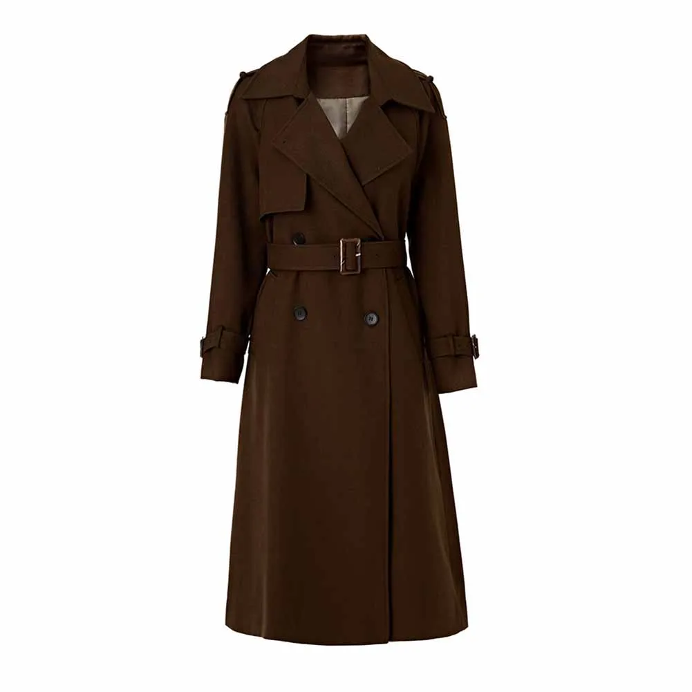 Women's Lapel Double Breasted Belted Pockets Plain Long Length Trench Coat