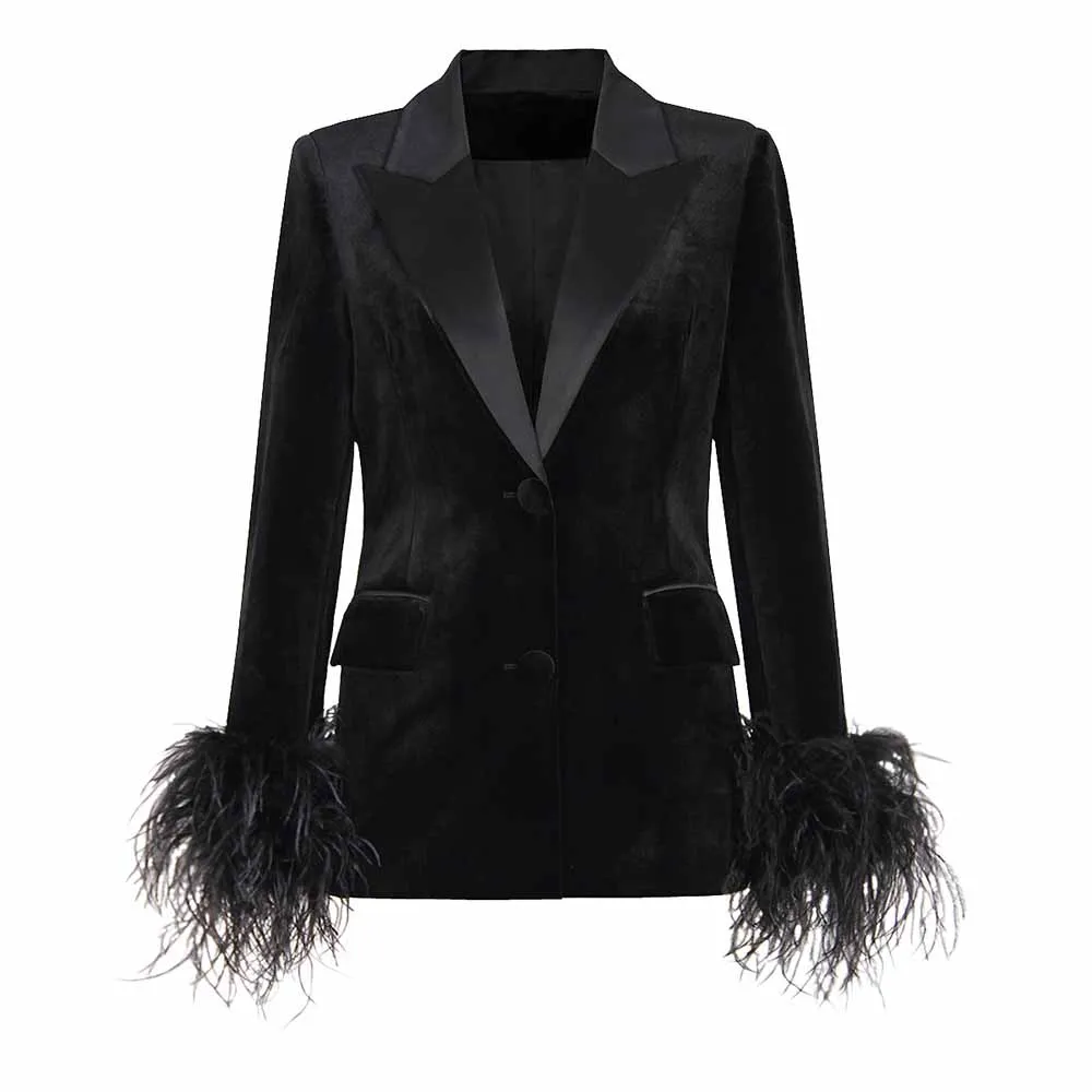 Women's Long Sleeve Black Feather Blazer