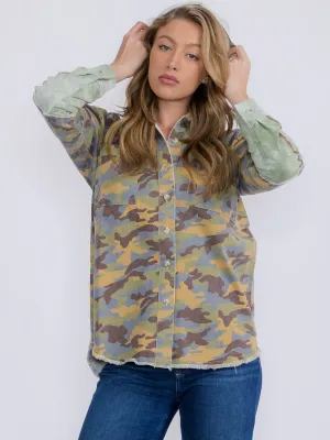 WOMEN'S LONG SLEEVE BUTTON CLOSURE CAMO PRINT HOODED DENIM TOP