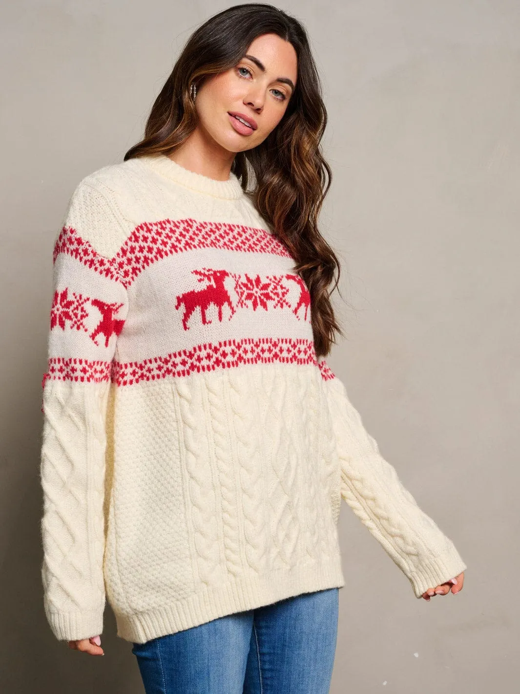 WOMEN'S LONG SLEEVE PULLOVER PRINTED CABLE KNIT SWEATER