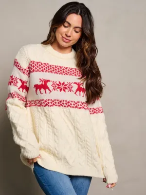 WOMEN'S LONG SLEEVE PULLOVER PRINTED CABLE KNIT SWEATER