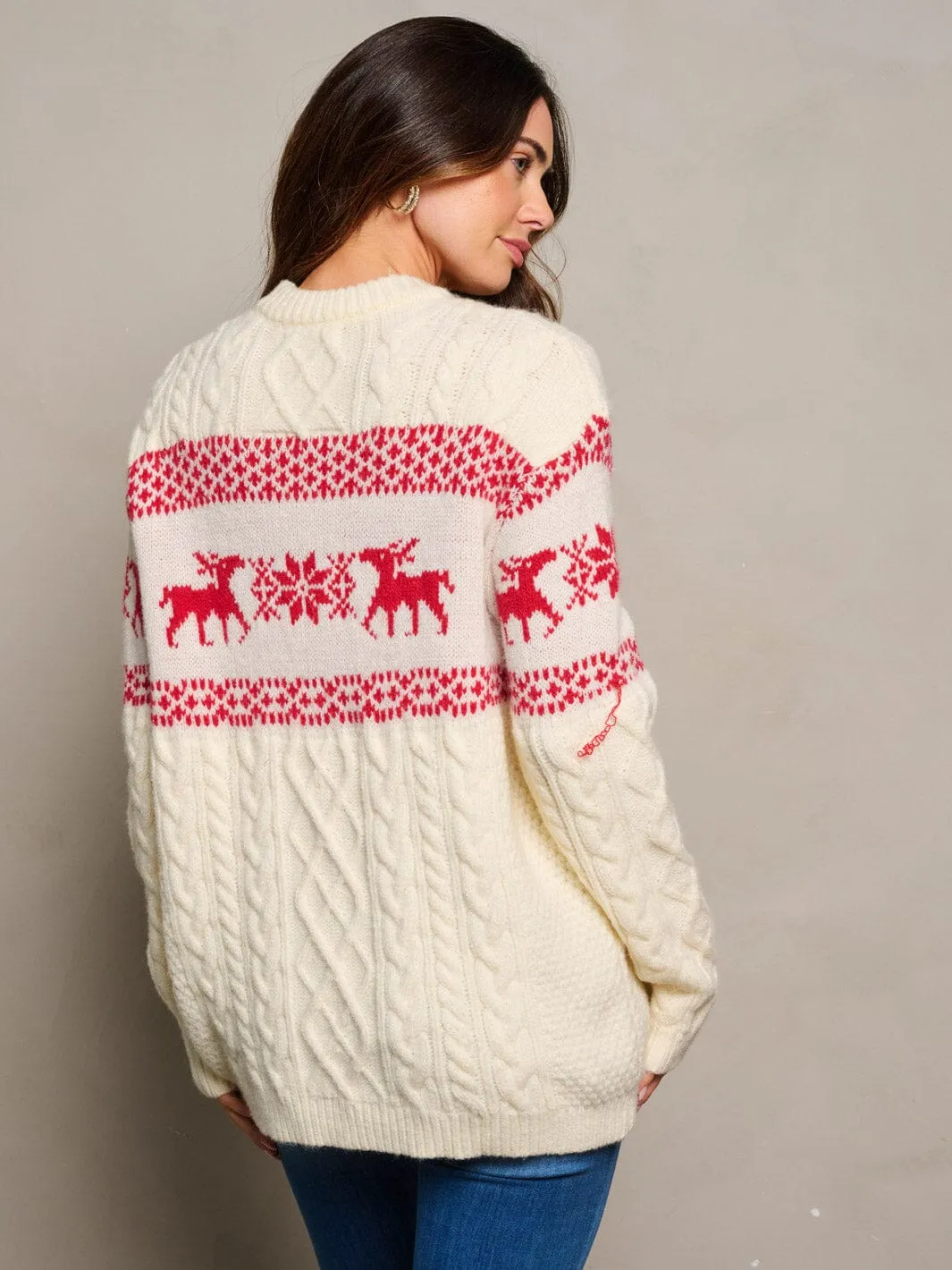 WOMEN'S LONG SLEEVE PULLOVER PRINTED CABLE KNIT SWEATER