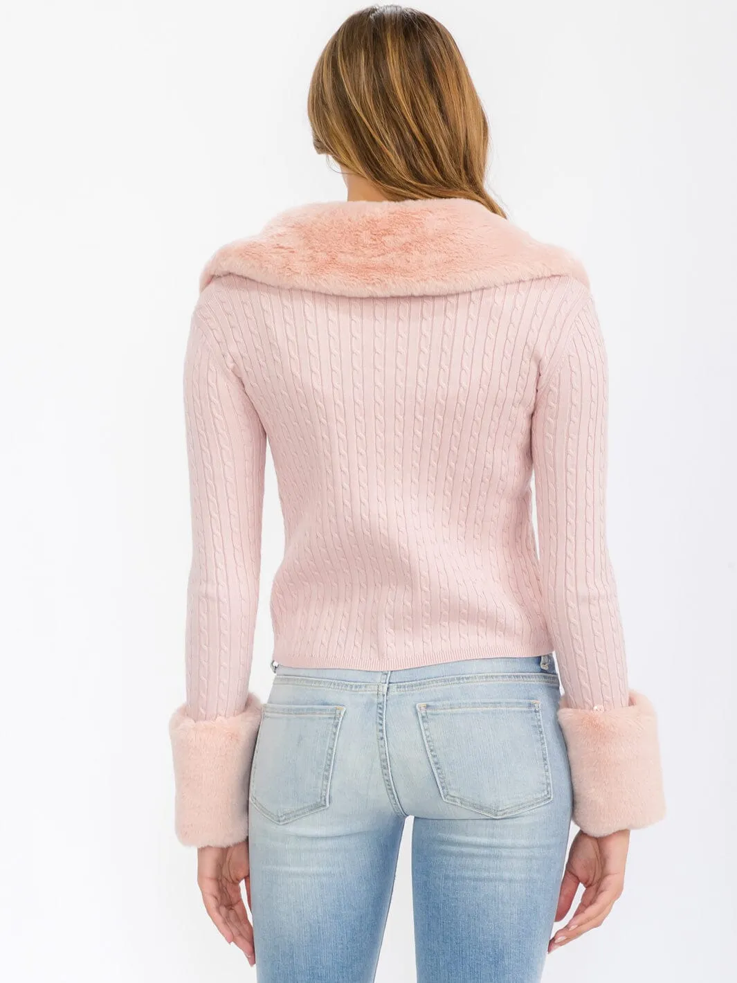 WOMEN'S LONG SLEEVE ZIP UP CANLE KNIT SHERPA DETAILED SWEATER
