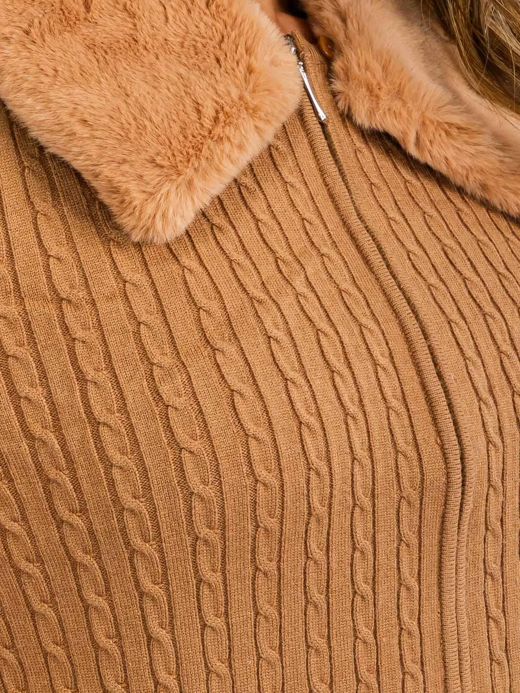WOMEN'S LONG SLEEVE ZIP UP CANLE KNIT SHERPA DETAILED SWEATER