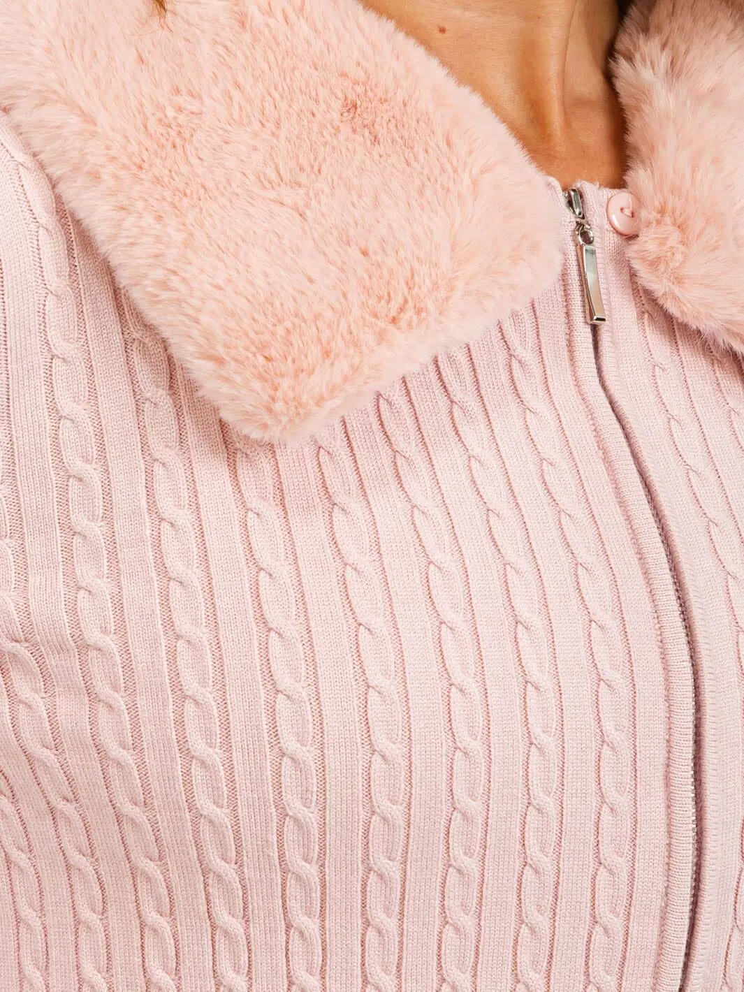 WOMEN'S LONG SLEEVE ZIP UP CANLE KNIT SHERPA DETAILED SWEATER
